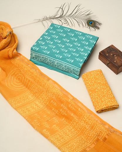 Hand Block Print Cotton Suit Sets With Kota Doria Dupatta