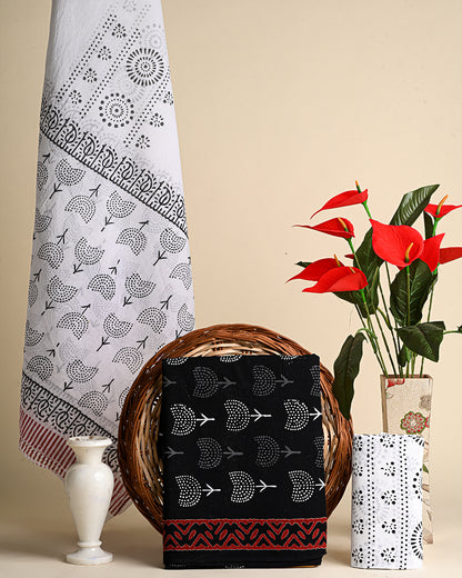 Black And White Print Cotton Suit With Mulmul Dupatta (BSCOTMU33)