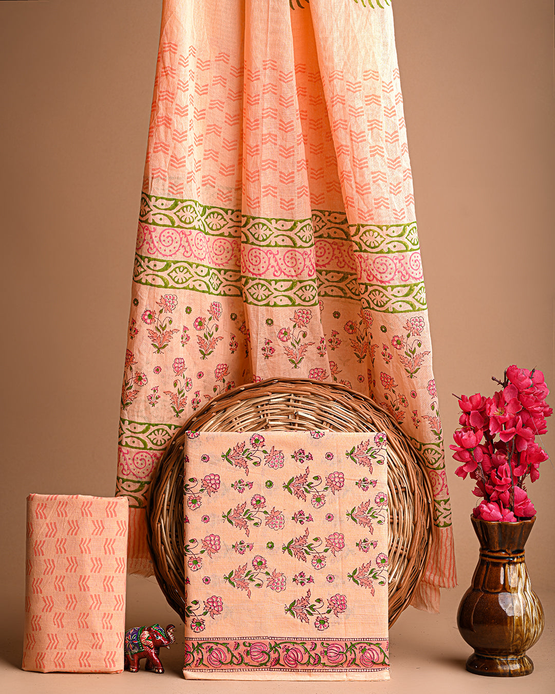 Hand Block Printed Cotton Suit With Cotton Dupatta