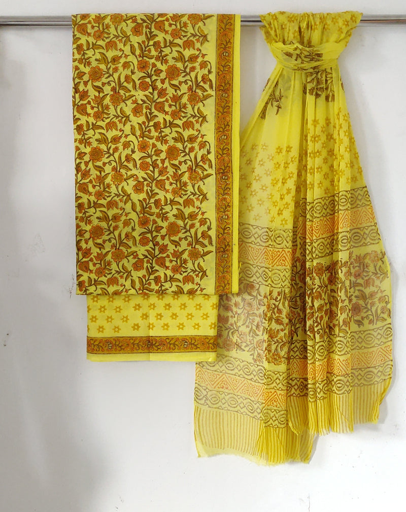 Premium Hand Block Sanganeri Print Cotton Suit With Chiffon Dupatta(BSCOTCH26)